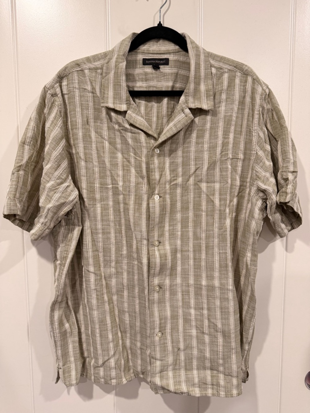 Banana Republic Olive and White Striped Short-Sleeve Button-Up Shirt